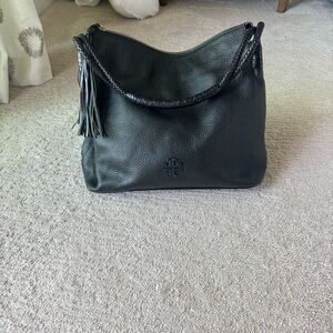 Tory Burch black Leather braided handle hobo bag